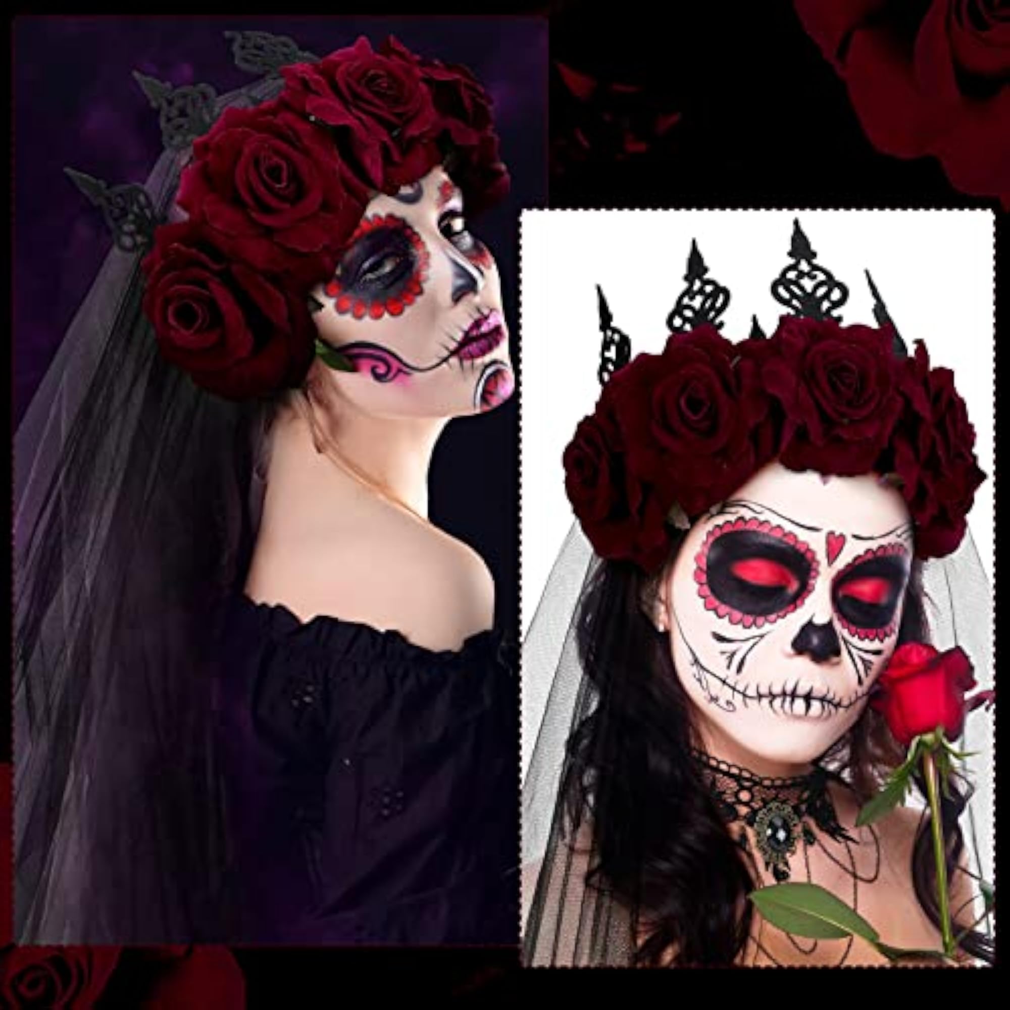 5pc Halloween Vintage Rose Crown Gothic Floral Headband & Choker Set